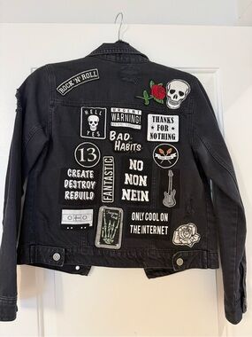 Black Denim Jacket with Badge Accents